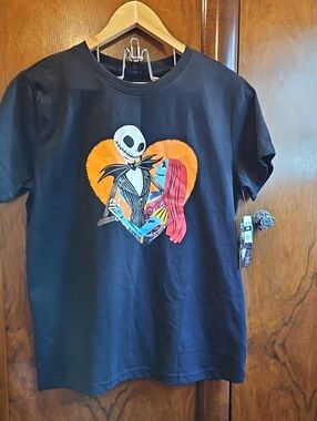 Disney Black Tee with Jack Skellington & Sally Heart Graphic - Size M
